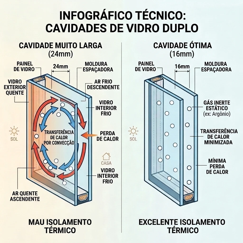 Diagrama mostrando o ciclo de convecção em câmara larga demais versus moléculas de gás estáticas em câmara ideal de 16 mm