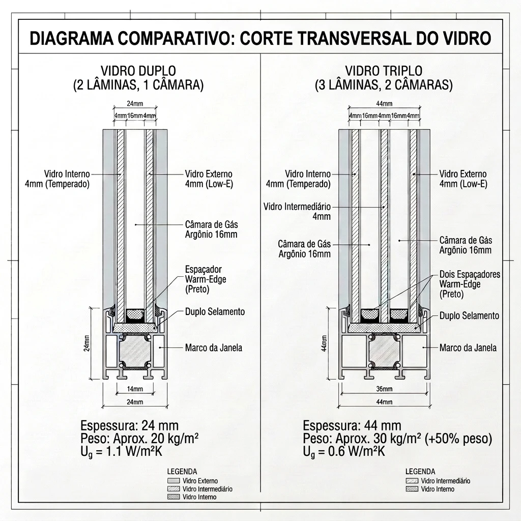 Corte transversal comparativo mostrando vidro duplo de 2 lâminas e 1 câmara versus vidro triplo de 3 lâminas e 2 câmaras