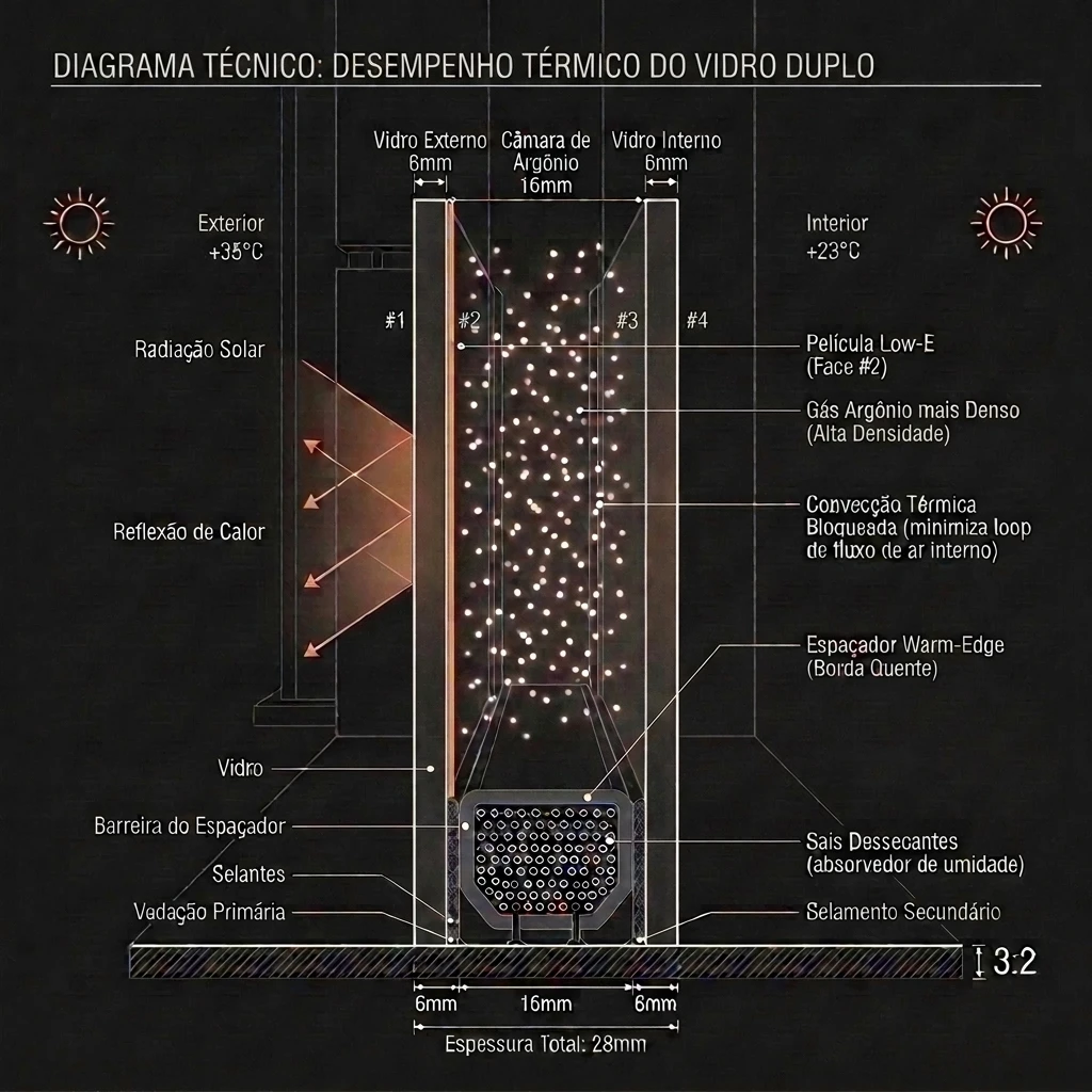 Diagrama técnico do vidro duplo e desempenho térmico da cavidade